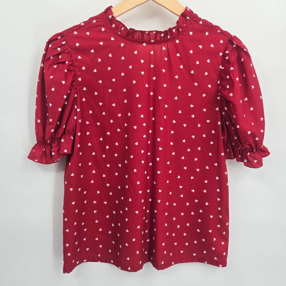 Small Red Heart Blouse Top Short Balloon Sleeve Flowy Shirt Ruffle Mock Neck